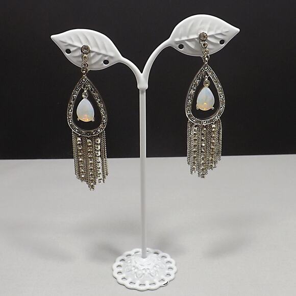 Vintage Monet Faux Opal Dangle Earrings Clear Rhinestones on Silver Tone - Picture 9 of 9